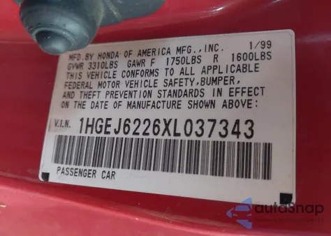 1999 Honda Civic Dx z USA, uszkodzony, nr VIN 1HGEJ6226XL037343